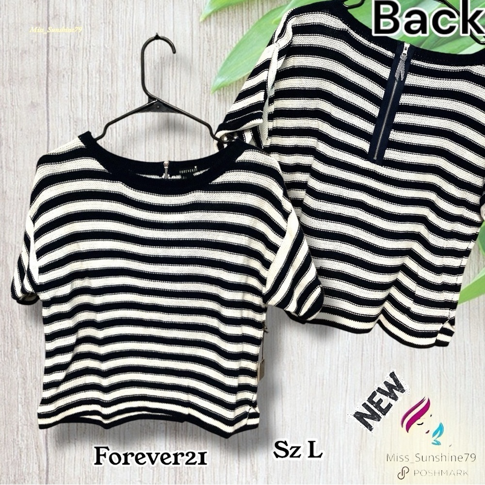 Forever 21 NEW - Sz L - Black/White Striped cropped shortsleeved tiny knit holes